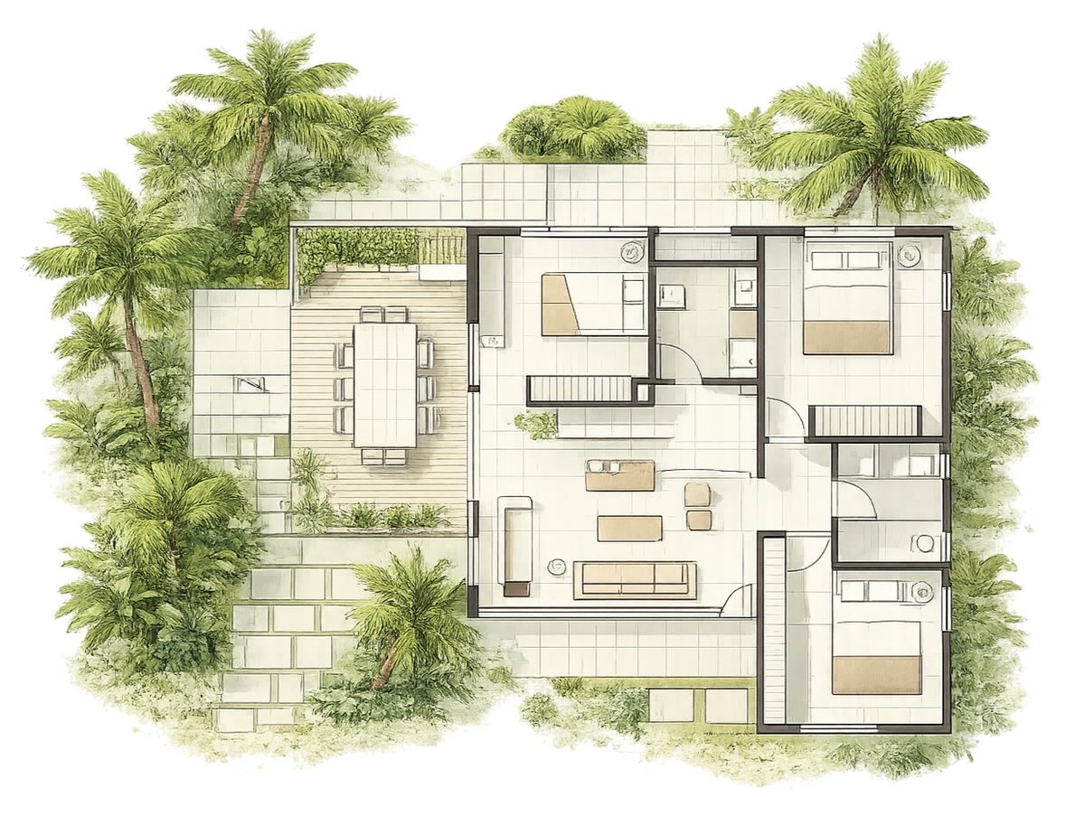 Anteproyecto arquitectónico · Planta con patio central Planta arquitectónica de anteproyecto con patio central y vegetación tropical, diseñada bajo criterios bioclimáticos en Panamá.