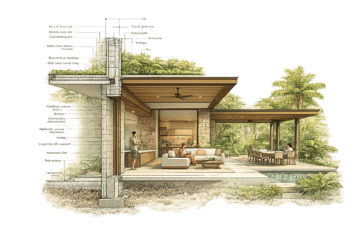 Sección constructiva bioclimática · Proyecto integral Sección constructiva arquitectónica con soluciones bioclimáticas para vivienda tropical en Panamá.