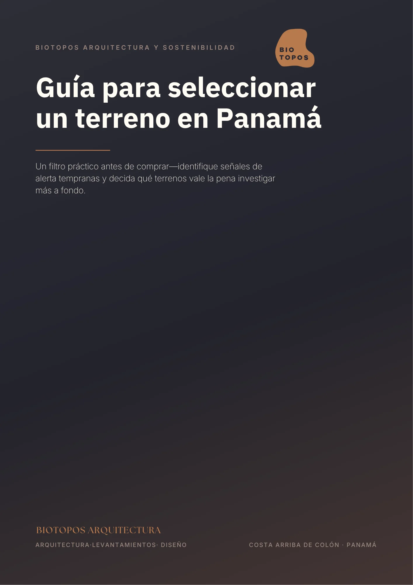 Cover of the guide to selecting land in Panama — Biotopos Arquitectura