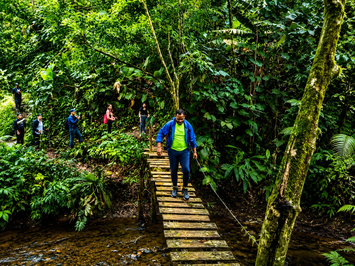 Visitantes cruzando puente colgante en sendero de Sierra Llorona, ecoturismo en Costa Arriba de Colón, Panamá — Biotopos Arquitectura