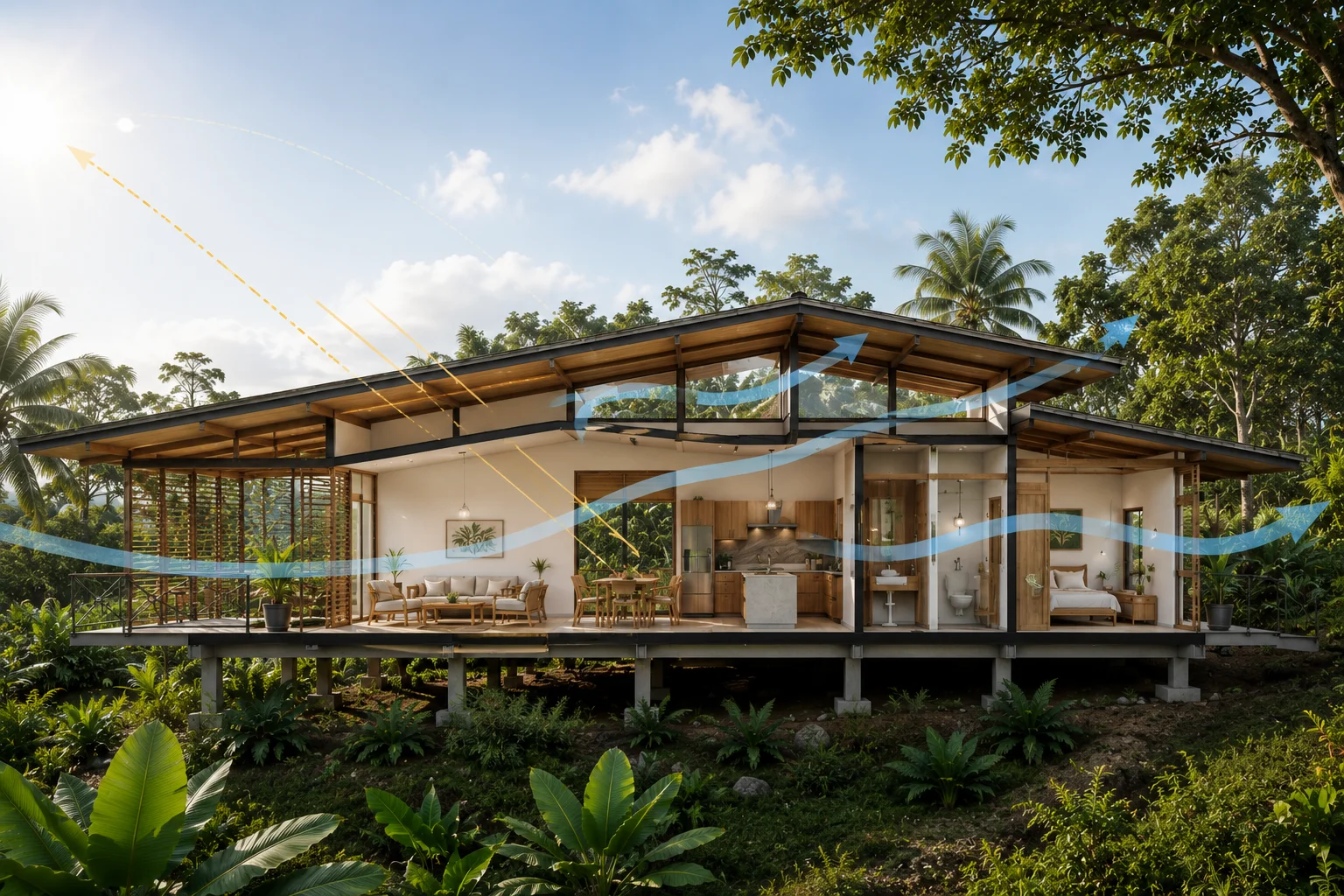 Bioclimatic architecture detail in the Panamanian tropics — cross ventilation, eaves and solar orientation in Caribbean house design, Biotopos Arquitectura