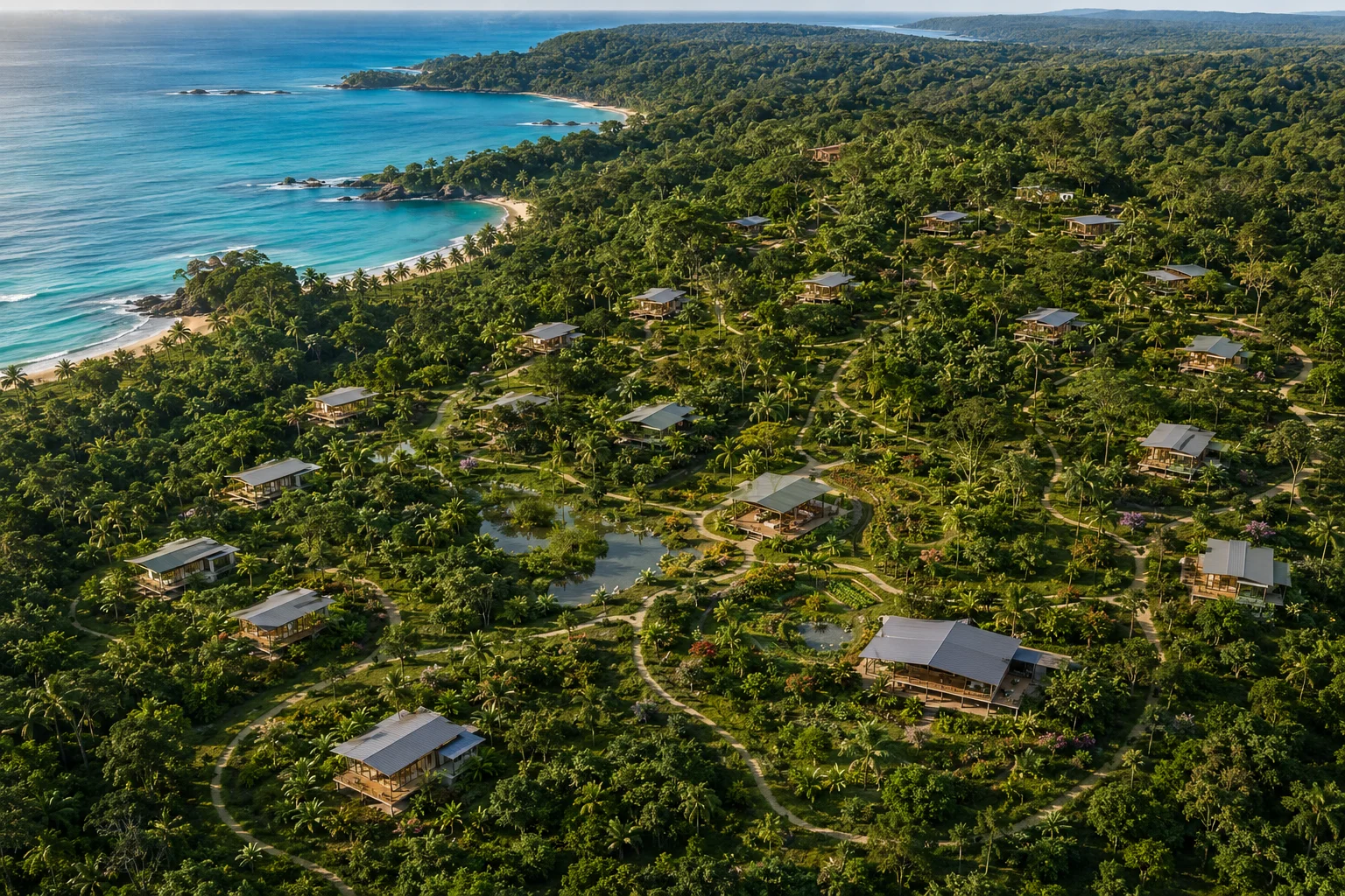 Comunidades Biotopos masterplan concept — low density bioclimatic real estate project in Costa Arriba de Colón, Panama, 20 units on 15 hectares, Biotopos Arquitectura