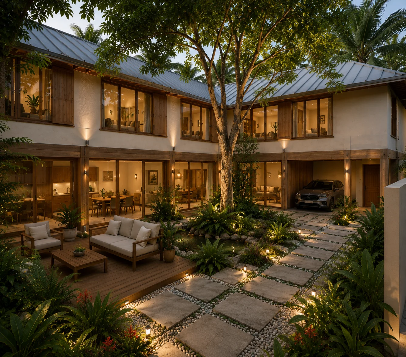 Casa Cacique with central tropical courtyard — bioclimatic home in Costa Arriba de Colón, Panama — Biotopos Architecture