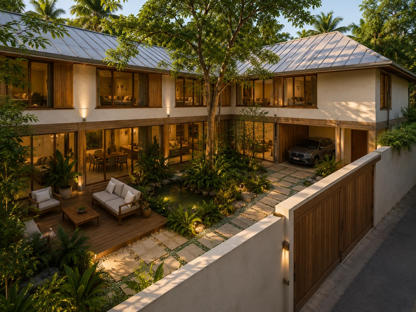 Facade of Casa Cacique with central courtyard — sustainable tropical home, Colón, Panama