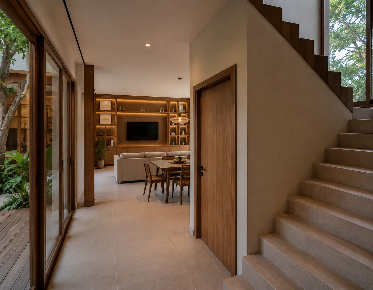 Interior with wood and exposed concrete of Casa Cacique — sustainable architecture, Costa Arriba, Panama