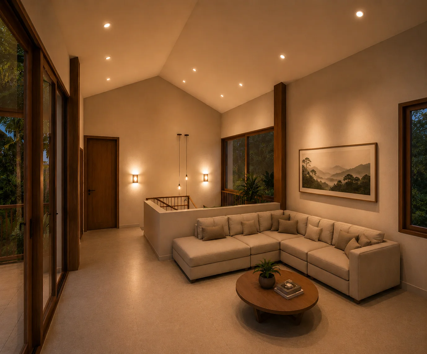 Interior living room of Casa Cacique — bioclimatic architecture in Costa Arriba de Colón, Panama