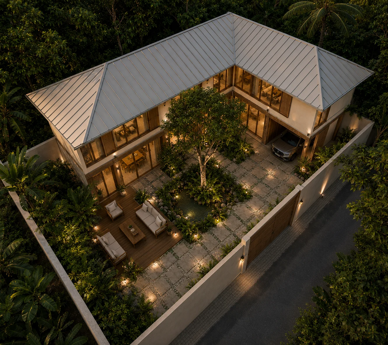 Aerial view of Casa Cacique — bioclimatic construction integrated into the forest, Costa Arriba de Colón, Panama