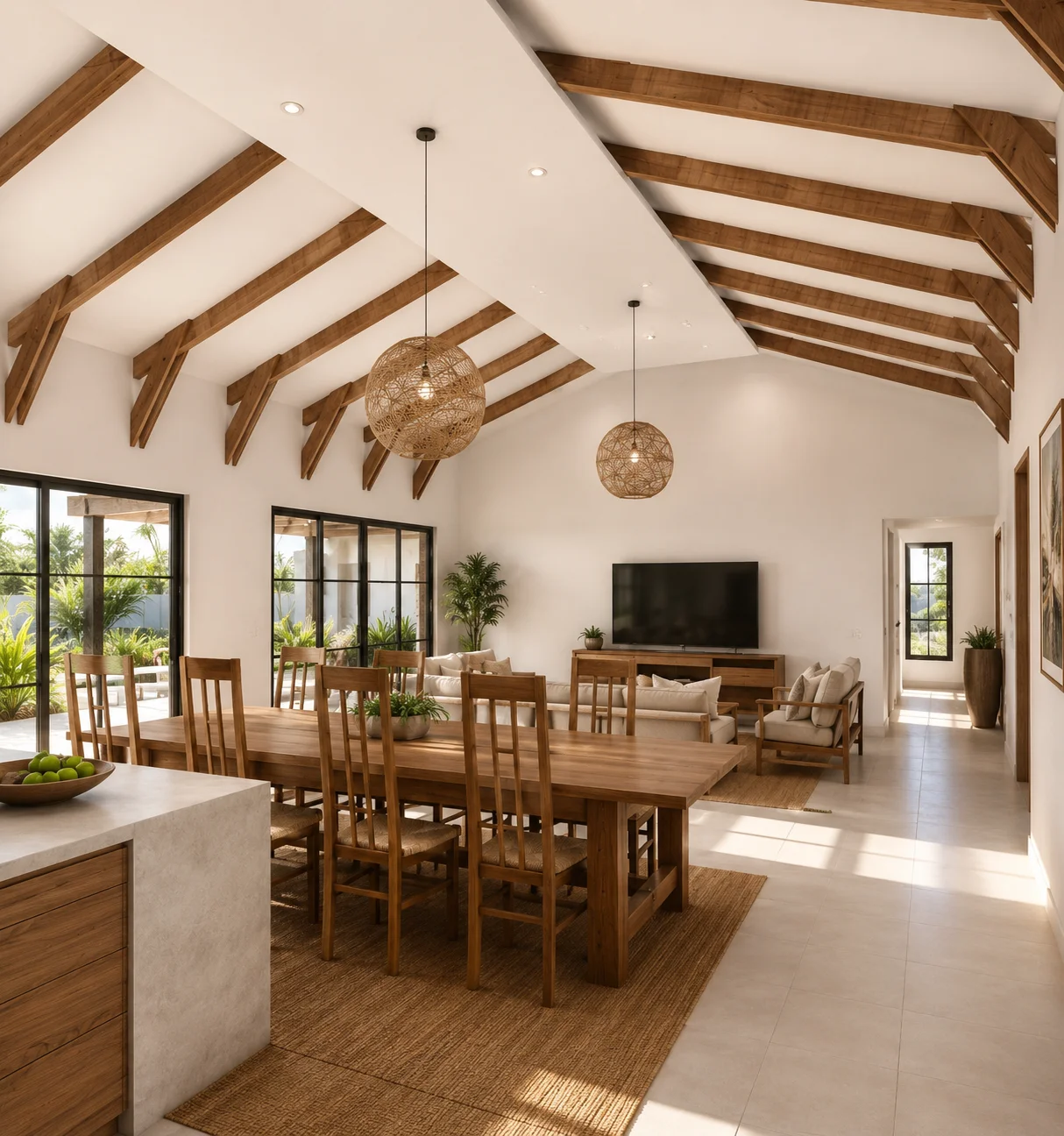 Interior living-dining with natural wood beams, Casa Las Lajas — bioclimatic design, Chame, Panama