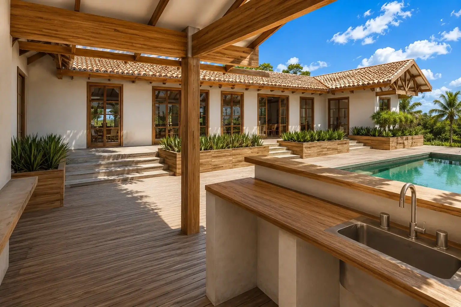 Outdoor terrace with pool of Casa Las Lajas — sustainable construction, Chame, Panama