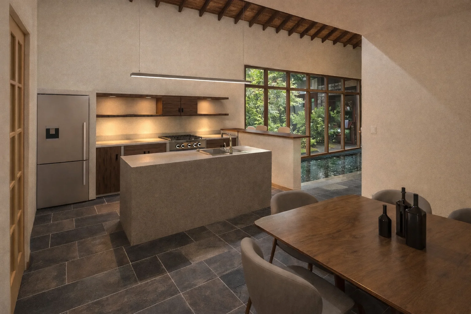 Kitchen of Casa Mamatina with natural materials — tropical bioclimatic design, Penonomé, Panama