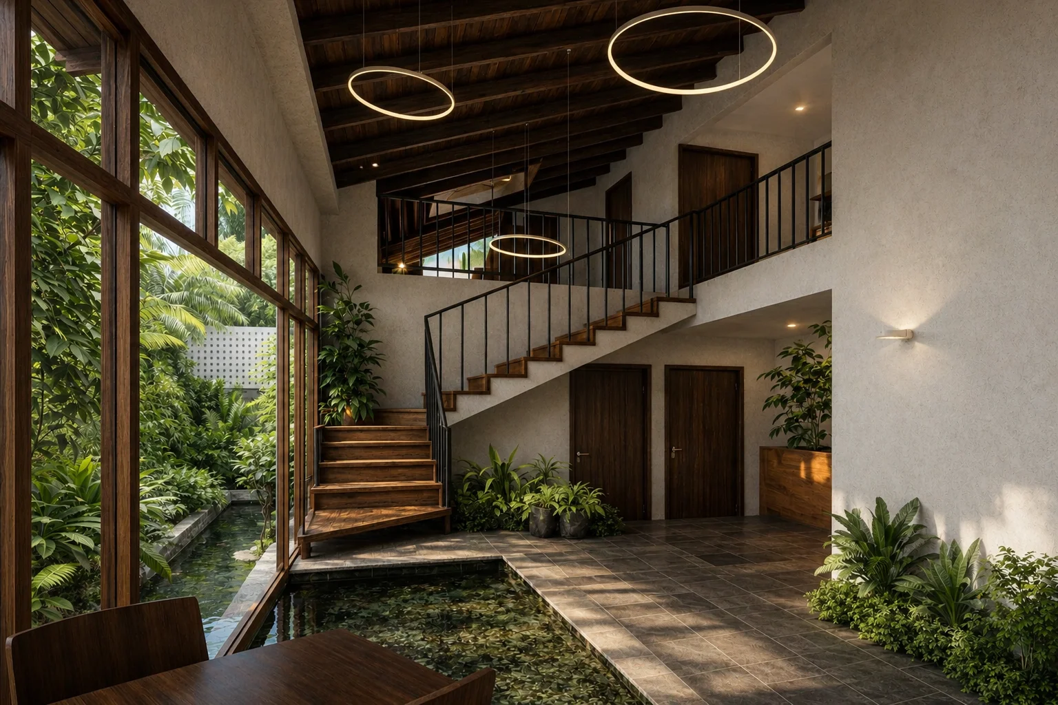 Double-height staircase with interior garden — Casa Mamatina, sustainable home, Penonomé, Panama