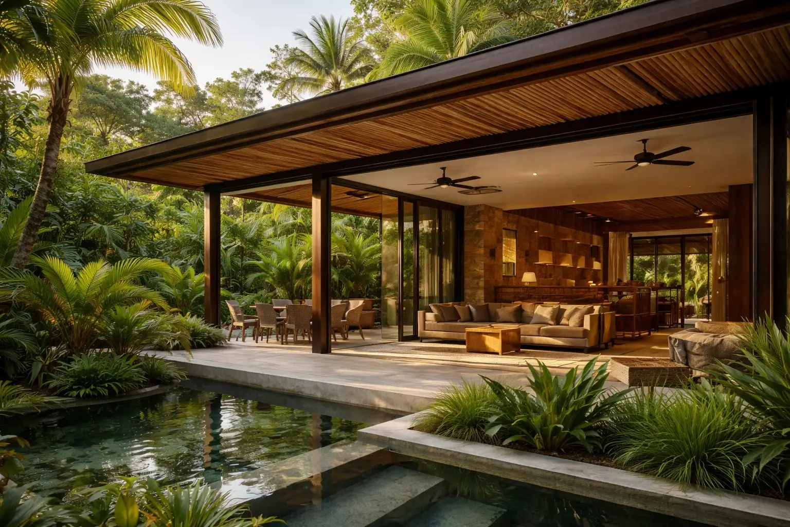 Tropical beach house with pool and garden — bioclimatic architecture in Panama, Biotopos