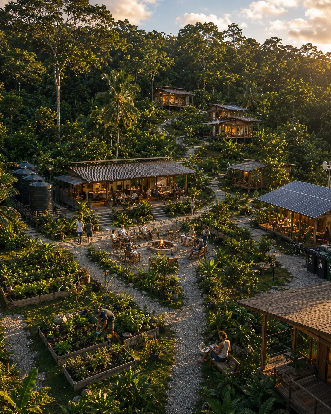 Community pavilion and shared garden in a sustainable intentional community in Panama — Biotopos Architecture