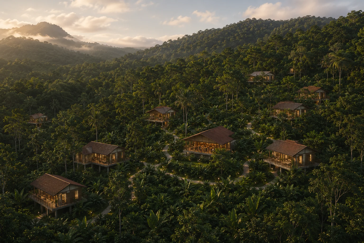 Aerial view of an intentional community integrated into tropical forest — sustainable architecture in Costa Arriba de Colón, Panama