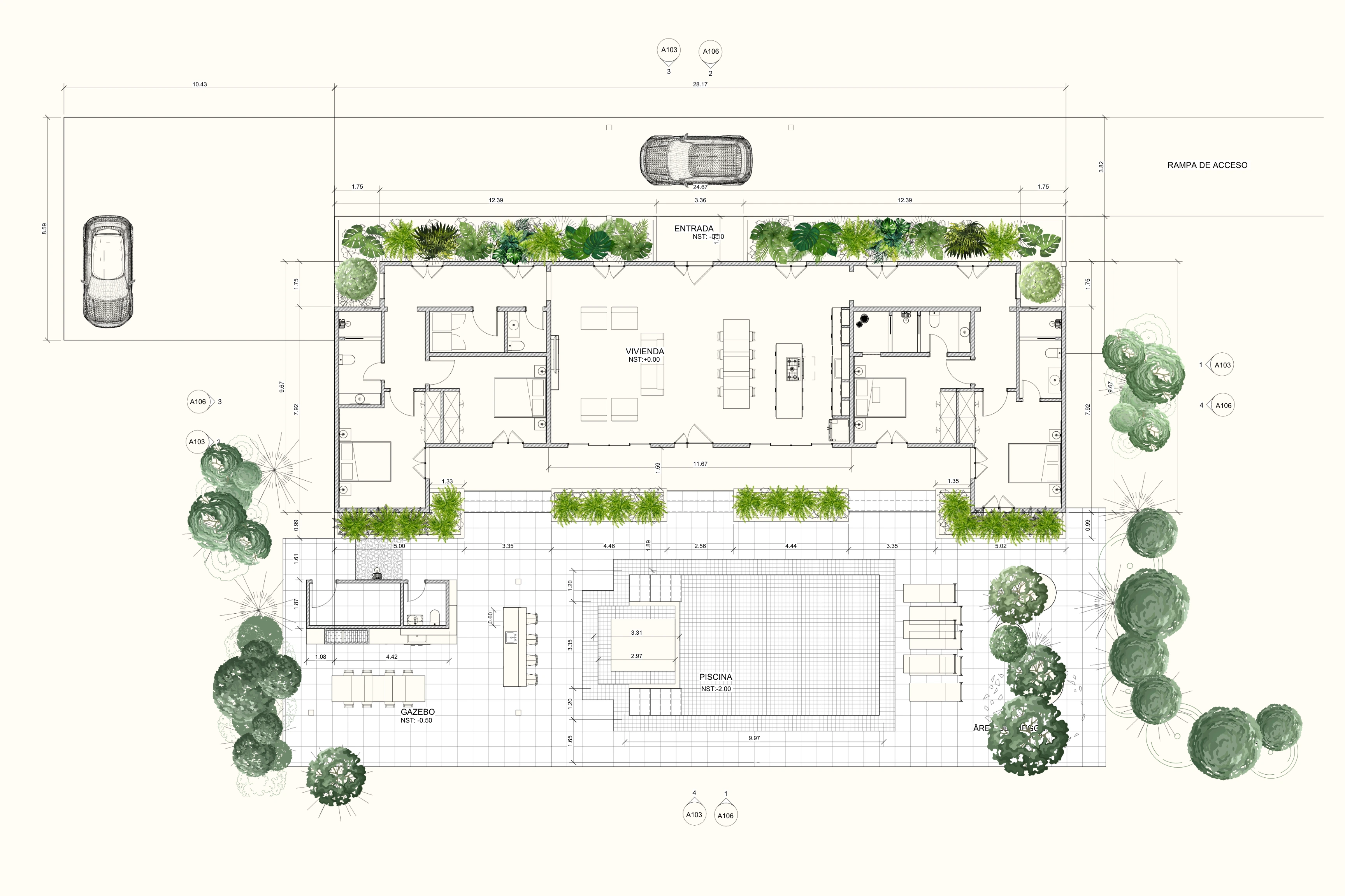 Architectural floor plan of Casa Las Lajas — bioclimatic architecture, Chame, Panama