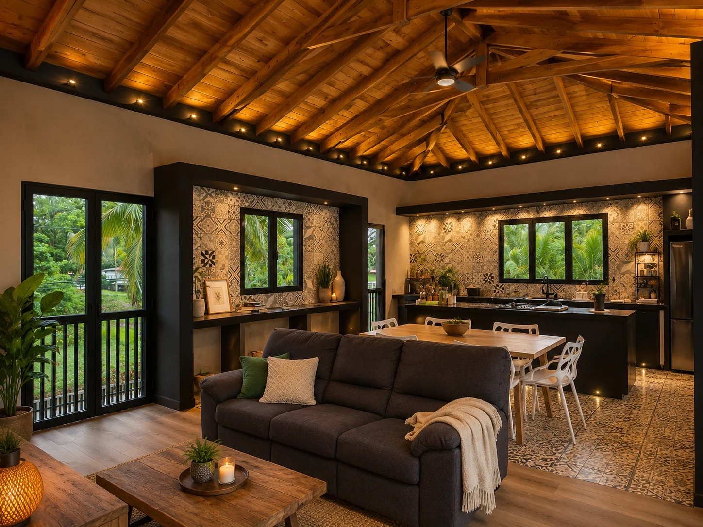 Interior open living and kitchen of Villa San Diego — tropical home, María Chiquita, Panama